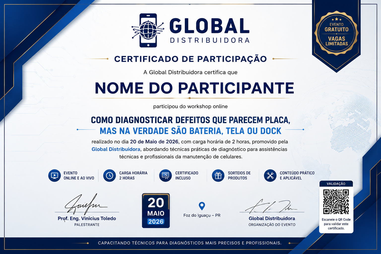 Modelo do certificado de participação do workshop Global Distribuidora